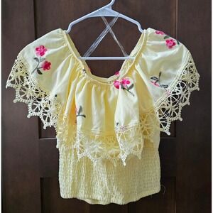 Haute Project LA Floral Embroidered Smocked Off Shoulder Crochet Lace Sz Med